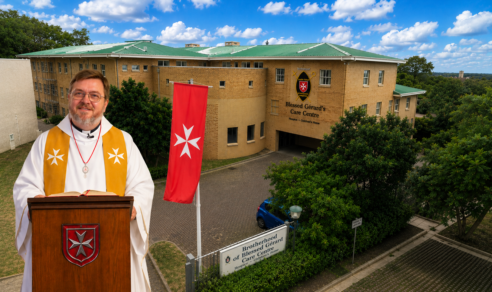Pater Gerhard Lagleder OSB vor dem Blessed Gérard’s Care Centre